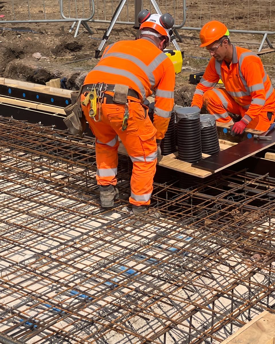 Steel fixers crossing a reinforcement mesh