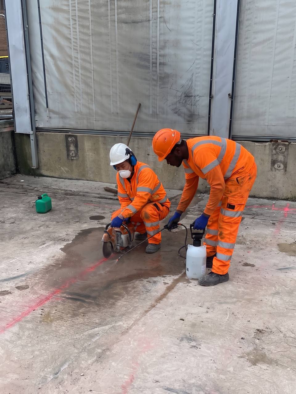 Floor saw cutting a slab with water dust suppression