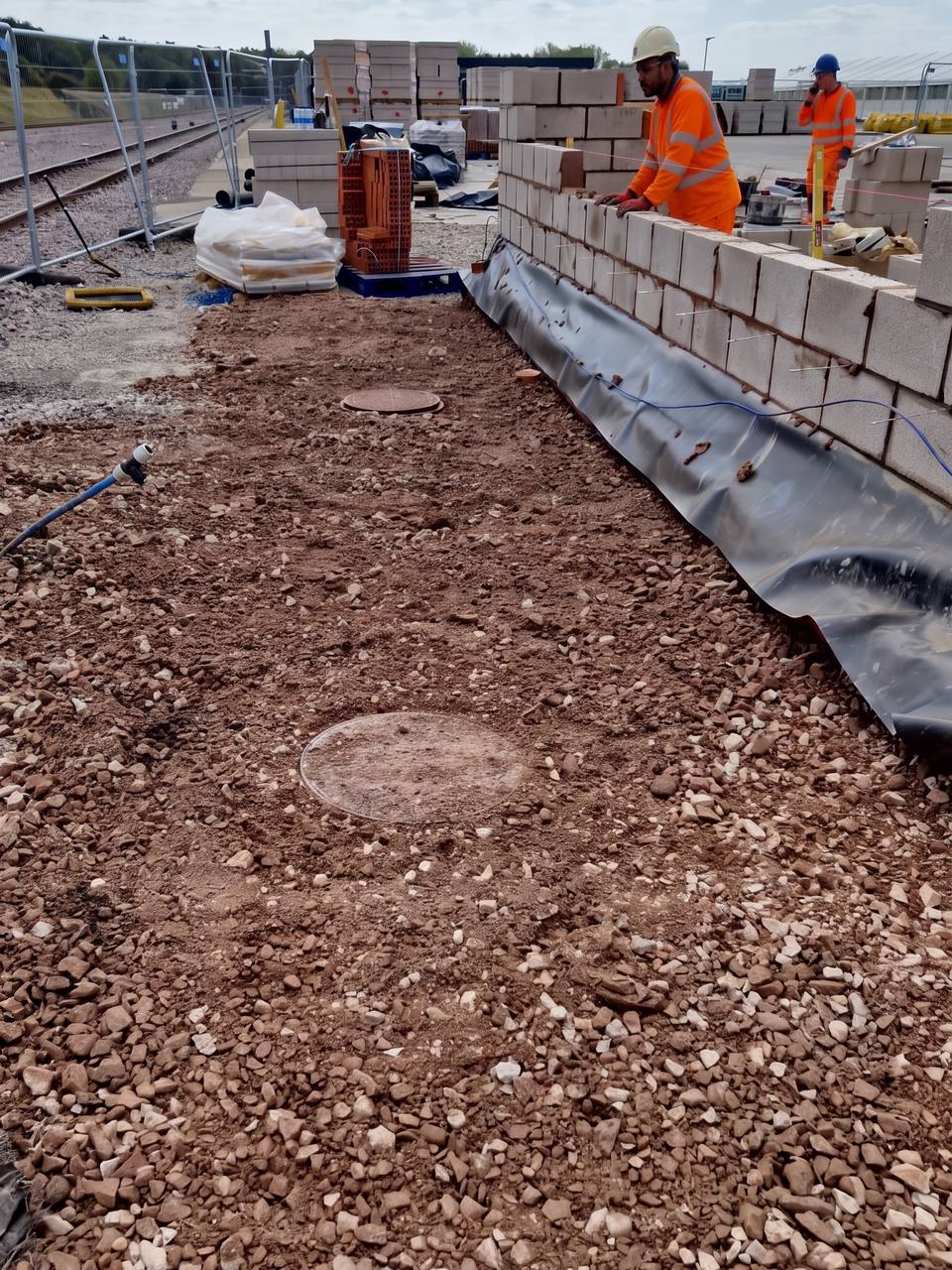 Stone sub-base and membrane laid against new blockwork